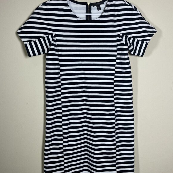 J Crew Womens Black White Striped SS Sheath Dress Zip Back XS - Picture 1 of 6